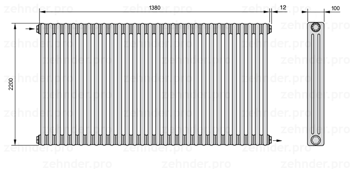 Схема (чертеж) Радиатор Zehnder Charleston 3220/30 №1670 Белый глянцевый RAL 9016